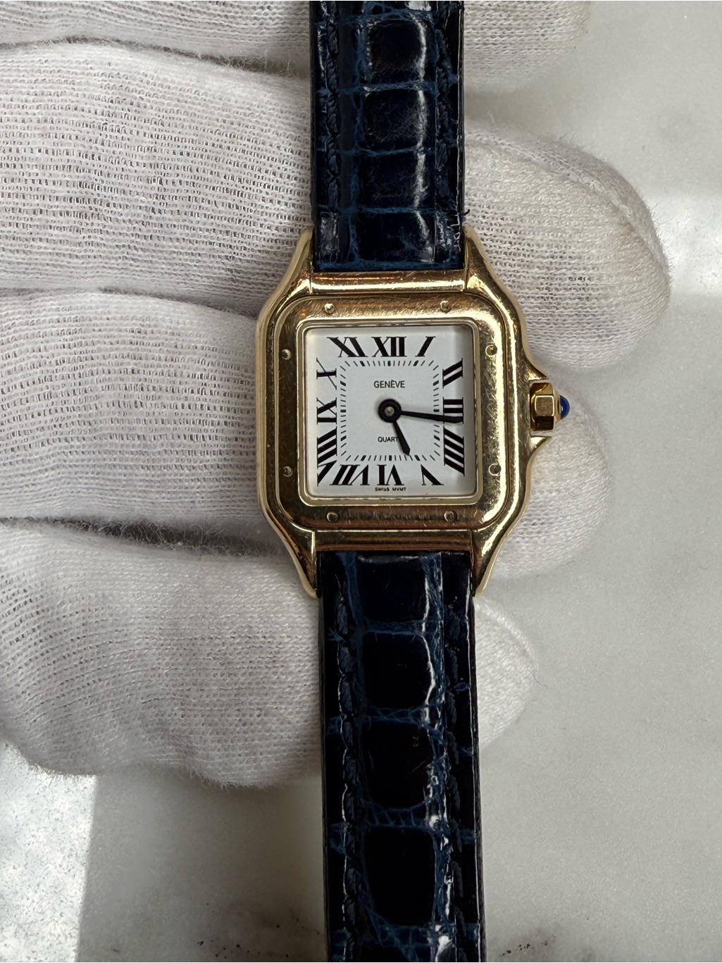 Geneve 14k Ladies Panthere Tank Solid Yellow Gold Watch Blue Crocodile Strap